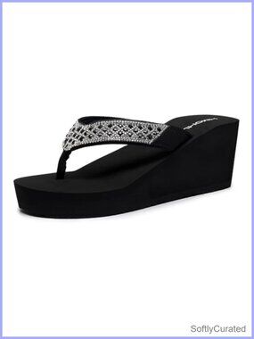 Womens Platform Flip Flops Rhinestone Wedge Thong Sandals Cushioned EVA Beach